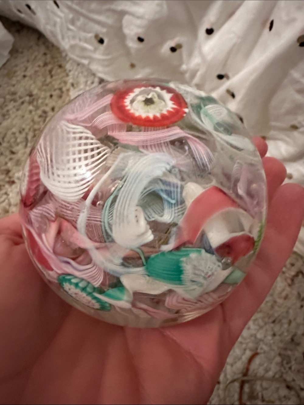 Vintage Millefiori Glass Paperweight - Pink, Green, White